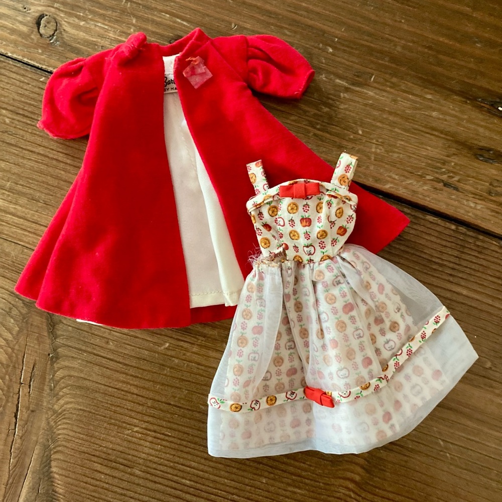 Vintage Barbie “Red Flare” Velour Coat and “Movie Date” Red/White Print Dress